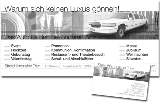 Visitenkarte und Infoflyer für Stretchlimousine, Ensch
